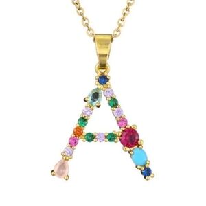 'A' Initial Pendant Multi-color Rhinestones Gold Tone Chain